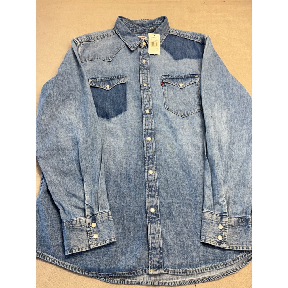NEW Levis Mens Western Denim Pearl Snap Button Down Shirt XL Light Blue Wash